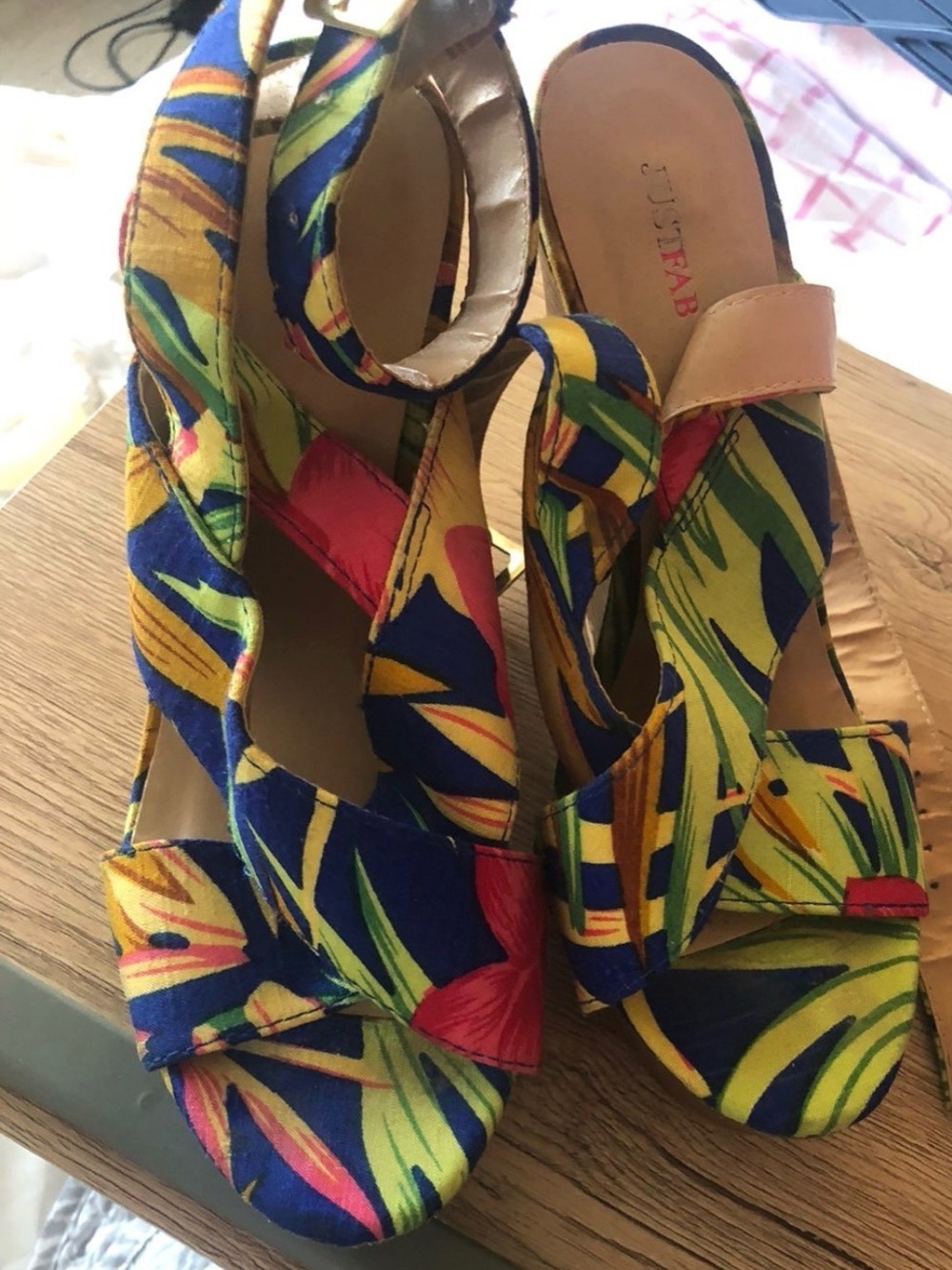 JustFab Blue Yellow Red Tropical Wedge Sandals